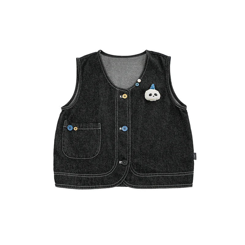 Gilet Bambino in Denim con Orsetto 3D – Primaverile, Nero e Blu Scuro, Alta Qualità