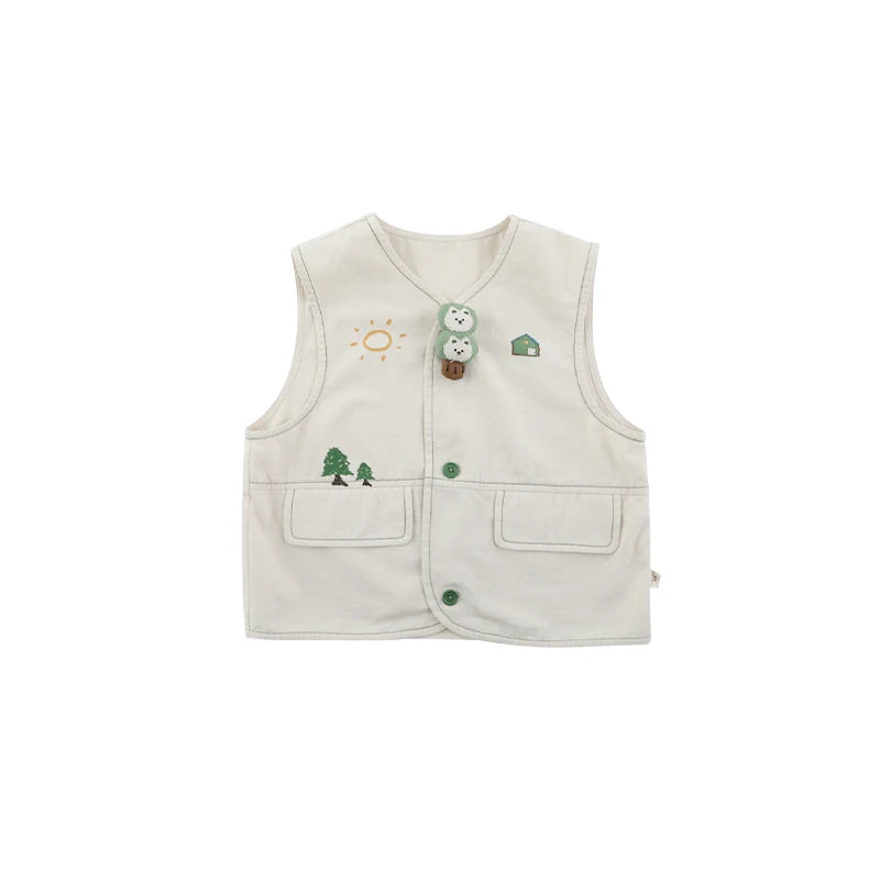 Camicia Smanicata Bambino in Cotone con Stampa Alberi – Beige e Verde, Fresca e Comoda