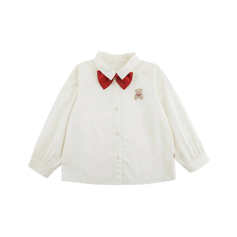 Camicia Bianca con Papillon Rosso e Ricamo Orsetto – Elegante e Raffinata per Bambini