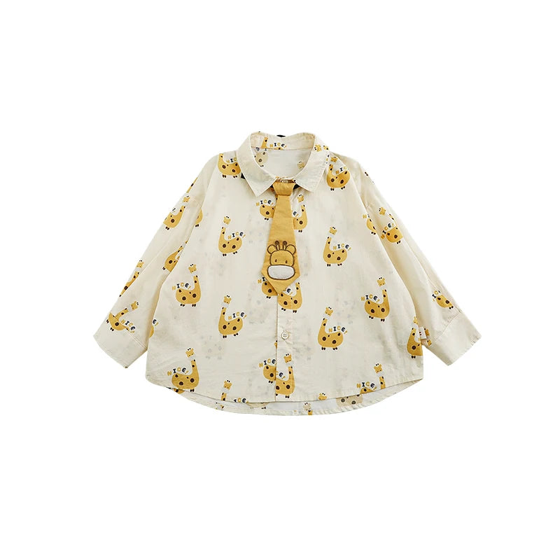 Camicia Bambino con Stampa Giraffa e Cravatta – Manica Lunga, Colletto Classico, Cotone, Primavera