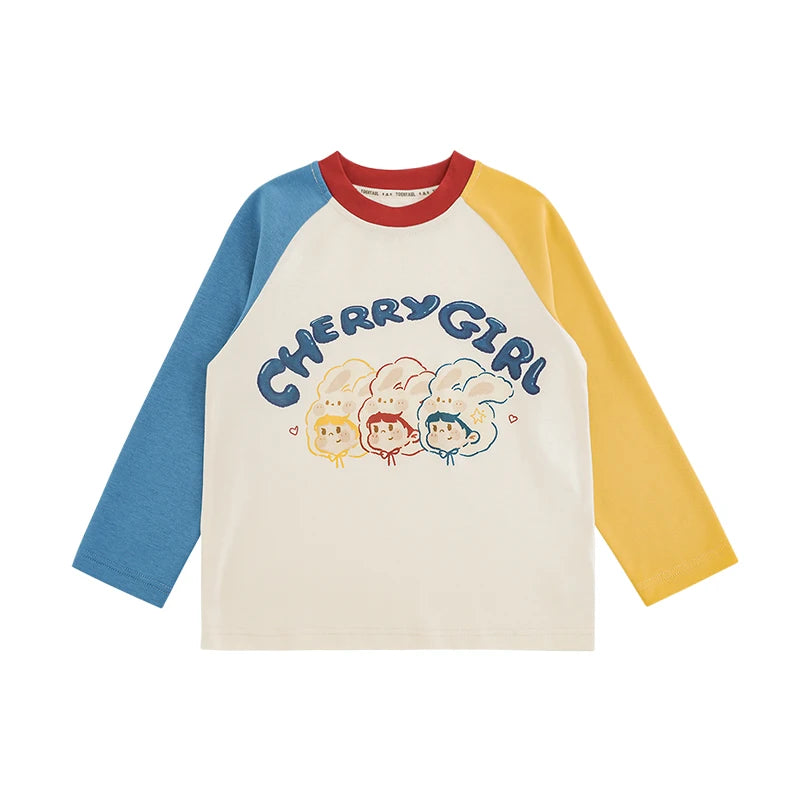 T-shirt Bambino a Manica Lunga Bicolore – Spalla Scesa, O-Collo, Azzurro e Giallo, Morbida e Primaverile