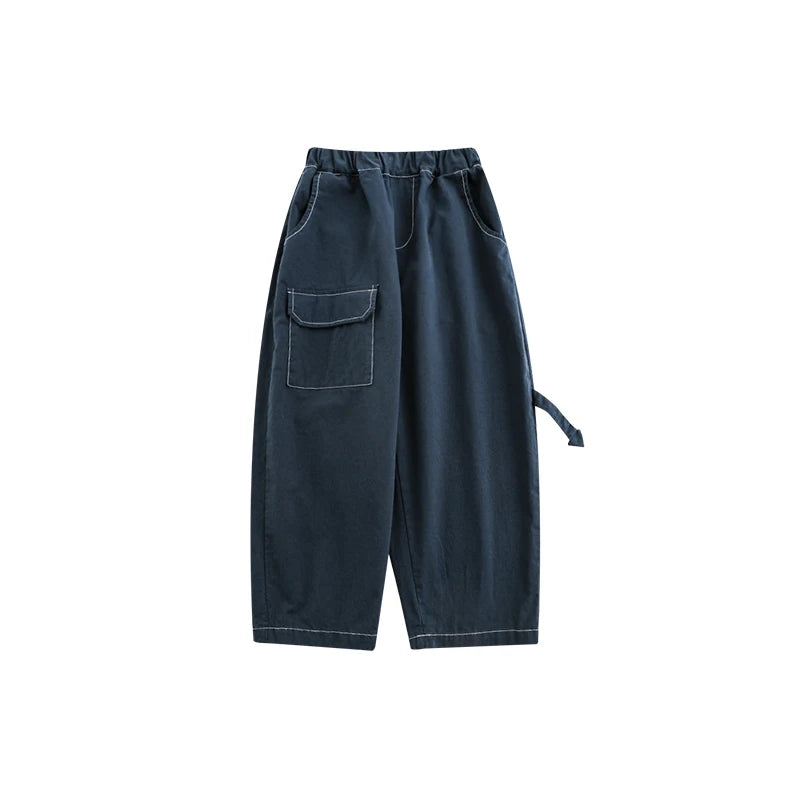 Pantaloni Bambino in Cotone con Tasche – Gamba Dritta, Vita Elasticizzata, Marrone e Blu Scuro