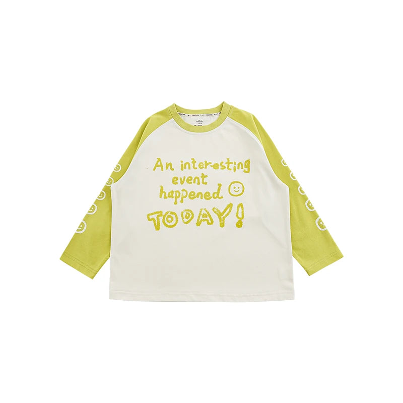 T-shirt Bambino in Cotone 100% – Manica Lunga, Stampa Lettere e Cartoni, Blu Scuro, Nero, Giallo