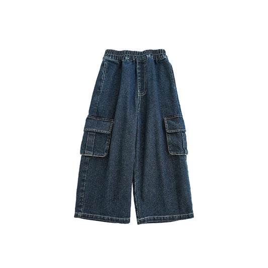 Pantaloni Larghi Bambino in Denim Blu – Jeans Tinta Unita con Tasche Cucite, Comodi e Resistenti