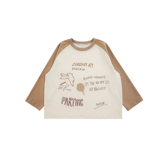 T-shirt Bambino Primaverile in Cotone – Manica Lunga, Morbida e Comoda, Marrone e Blu Scuro