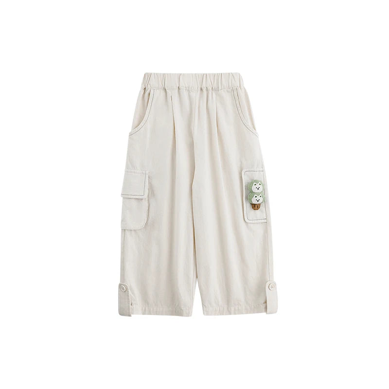 Pantaloni Larghi Bambino in Cotone – Verde e Beige, Vita Elasticizzata, Comodi e Casual