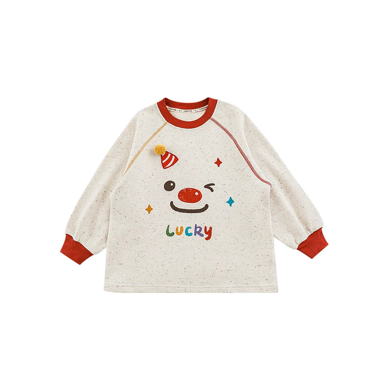 Felpa Bambina con Stampa Clown – Manica Lunga, Beige, Morbida e Confortevole, in Cotone