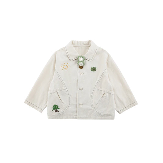 Camicia Bambino in Cotone con Stampa Alberi – Manica Lunga, Beige e Verde, Morbida e Primaverile