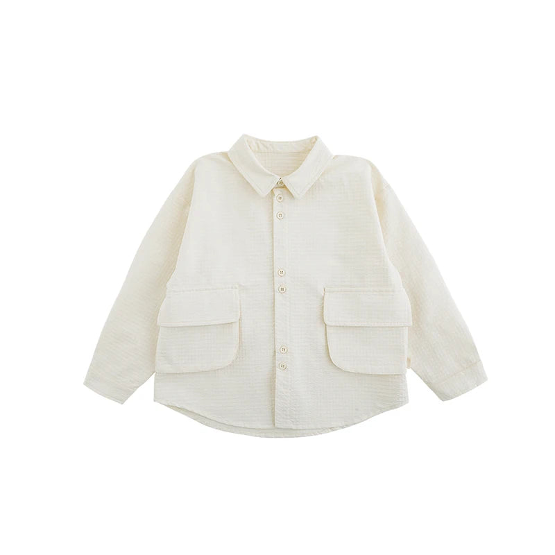 Camicia Giacca Bambino in Cotone – Bavero, Manica Lunga, Tinta Unita, Beige, Verde, Marrone, Primavera