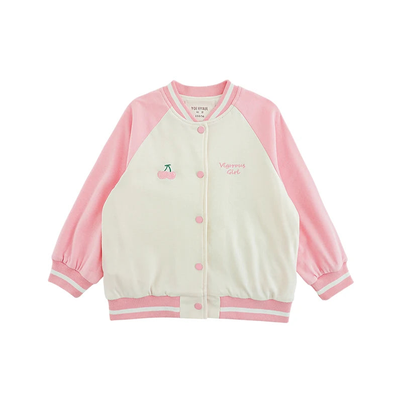 Giacca Varsity Bambina con Ricamo Lettere e Ciliegie – Stile Baseball, Colori Rosso e Rosa