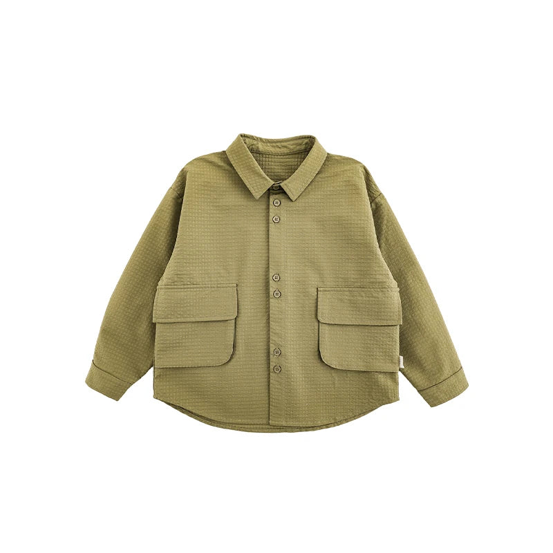 Camicia Giacca Bambino in Cotone – Bavero, Manica Lunga, Tinta Unita, Beige, Verde, Marrone, Primavera