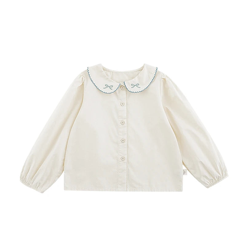 Camicia Beige per Bambina con Colletto Ricamato – Elegante e Raffinata, Ricamo Rosso o Blu