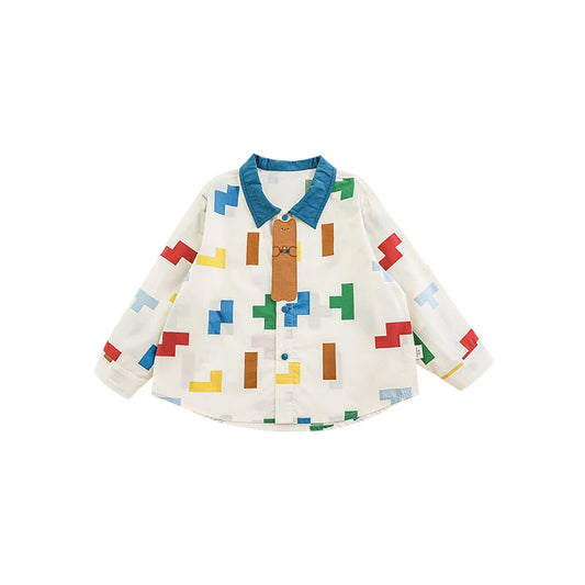 Camicia Bambino in Cotone con Stampa Colorata – Manica Lunga, Bianca, Design Geometrico, Comoda e Primaverile