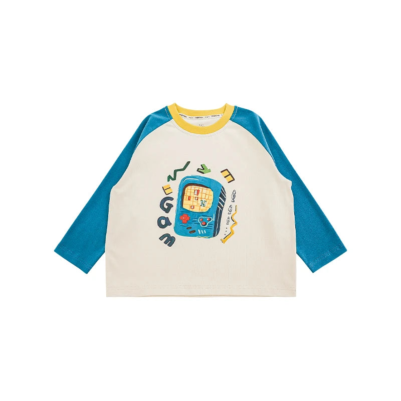 Maglia Bambino in Cotone – Manica Lunga, Colori a Contrasto, Stampa Cartoni Animati, Giallo, Rosso, Azzurro