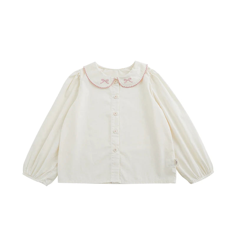 Camicia Beige per Bambina con Colletto Ricamato – Elegante e Raffinata, Ricamo Rosso o Blu