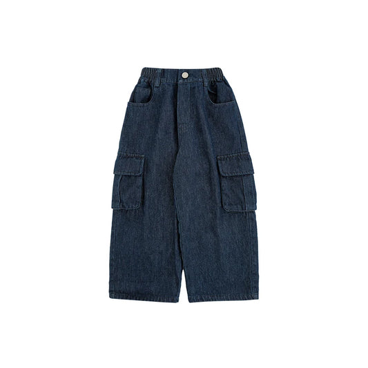 Jeans Cargo Bambina 1-8 Anni – Pantaloni Larghi in Denim, Tinta Unita Blu Scur