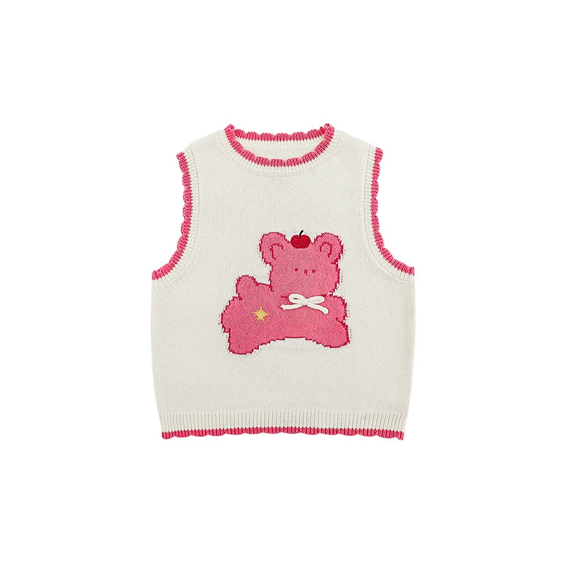 Gilet Senza Maniche Bambina con Stampa Animale Singola – Maglia in Cotone, Colori Beige, Rosa, Azzurro e Giallo