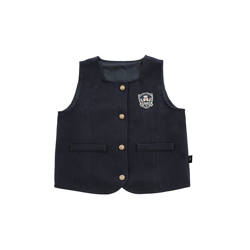 Gilet Smanicato Blu Scuro per Bambina – Stile Elegante e Scolastico