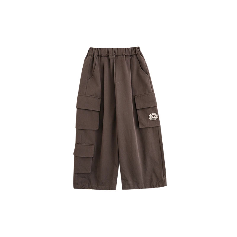 Pantaloni Larghi Bambino in Cotone – Gamba Dritta, Tinta Unita con Tasche, Beige e Marrone