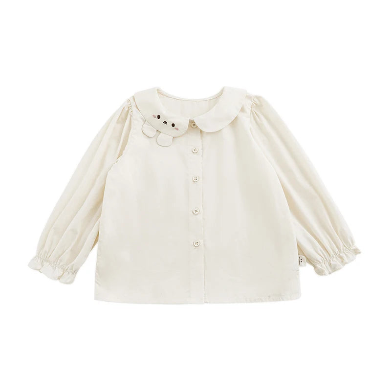 Camicia Bambina Marrone e Beige – Colletto Peter Pan con Ricamo Coniglio Orecchie Tonde