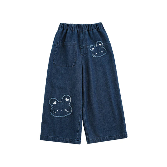 Jeans Bambina con Coniglietto – Pantaloni in Denim Dritti, Cotone Morbido, Blu Scuro e Azzurro