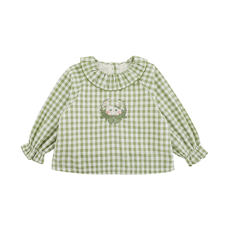 Blusa Bambina a Quadri – Disponibile in Beige o Verde, 100% Cotone