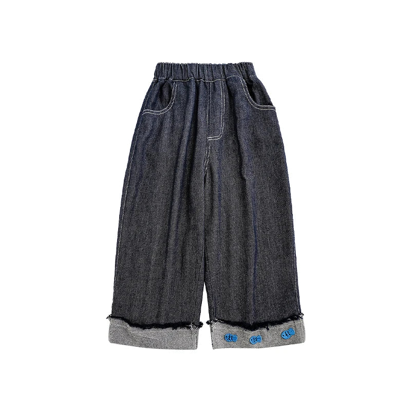 Jeans Bambino con Risvolto e Ricamo Pesce – Denim Tinta Unita, Nero e Blu Scuro, Comodi e Casual