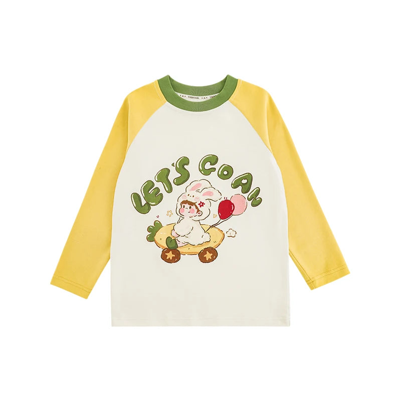 T-shirt Bambino a Manica Lunga in Cotone – Spalla Scesa, O-Collo, Rosa, Azzurro, Giallo, Rosso, Morbida e Traspirante