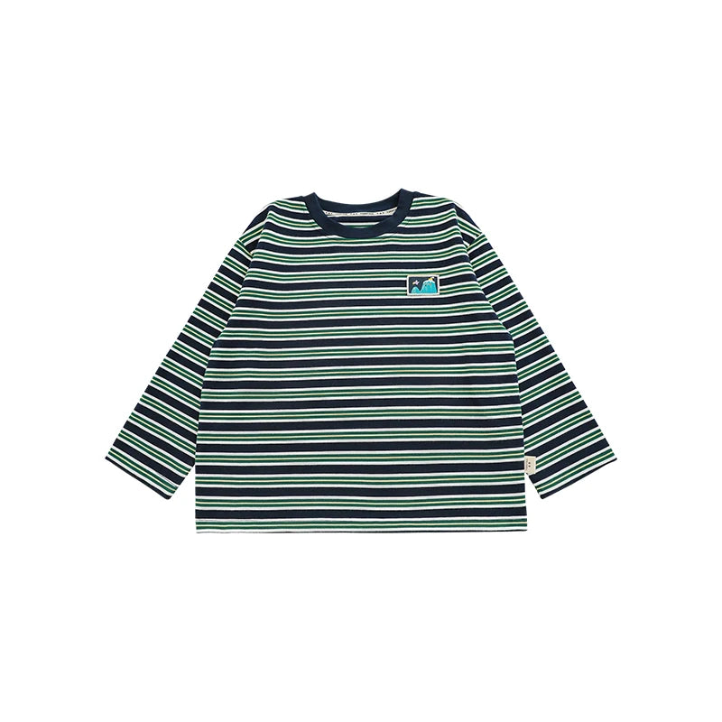 T-shirt Bambino a Righe in Cotone 100% – Manica Lunga, Ricamo Cartoni Animati, Marrone, Blu, Verde