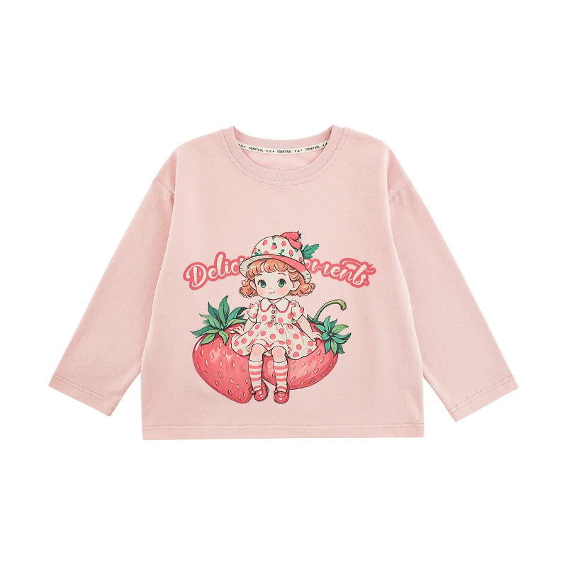 T-Shirt Primavera Bambina a Maniche Lunghe – Girocollo in Cotone Elasticizzato, Beige, Rosa, Rosa Scuro e Grigio