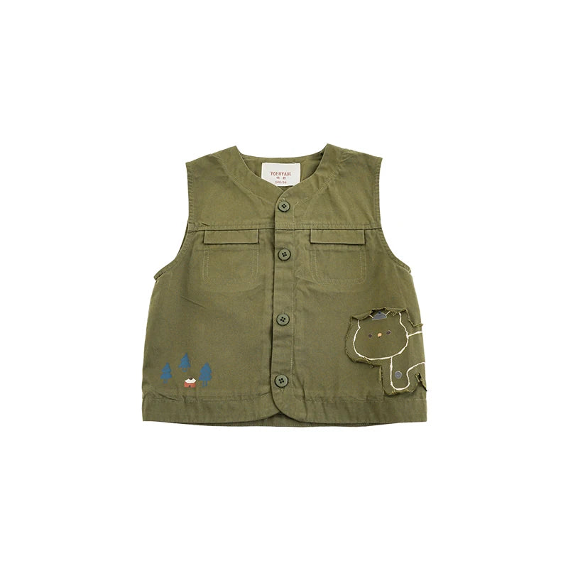 Gilet Bambino e Bambina in Denim di Cotone – Senza Maniche, Tasche, Casual, Cachi e Verde