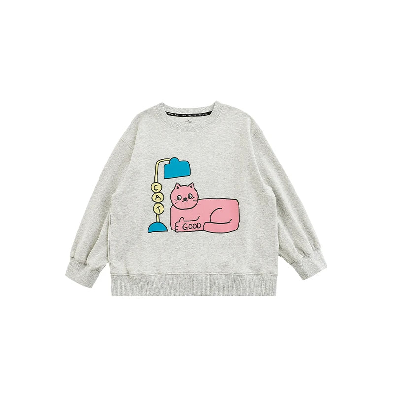 Felpa con Cappuccio Bambino in Cotone Elasticizzato – Stampa Cartoni Animati, Manica Lunga, Beige, Grigio, Cachi, Azzurro