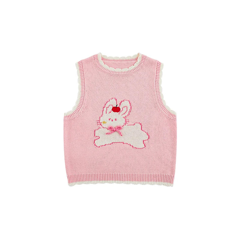 Gilet Senza Maniche Bambina con Stampa Animale Singola – Maglia in Cotone, Colori Beige, Rosa, Azzurro e Giallo