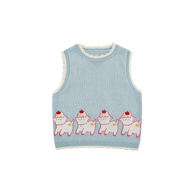 Gilet Senza Maniche Bambina con Stampa Animale Ripetuta – Maglia in Cotone, Colori Beige, Rosa, Azzurro e Giallo