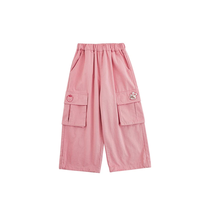 Pantaloni Cargo Bambina in Cotone – Larghi, Tinta Unita, Vita Comoda, Rosa e Blu Scuro, Casual e Primaverili