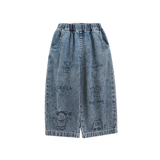 Pantaloni Bambino in Jeans a Gamba Larga – Azzurro e Blu, Stampa Cartoni Animati, Comodi e Resistenti