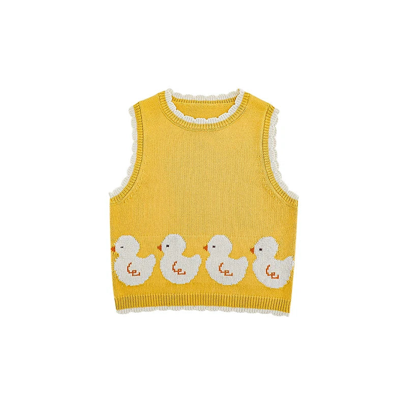 Gilet Senza Maniche Bambina con Stampa Animale Ripetuta – Maglia in Cotone, Colori Beige, Rosa, Azzurro e Giallo