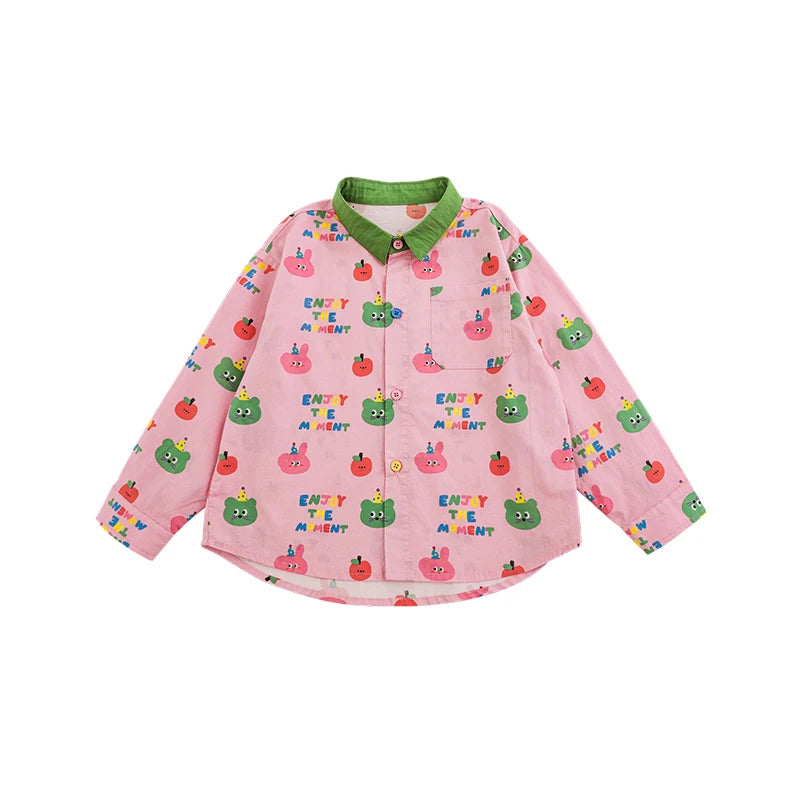 Camicia Bambino Unisex in Cotone – Rosa e Bianca, Manica Lunga, Stampa Cartoni Animati, Morbida e Traspirante