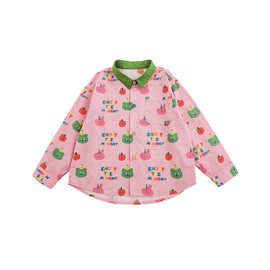 Camicia Bambino Unisex in Cotone – Rosa e Bianca, Manica Lunga, Stampa Cartoni Animati, Morbida e Traspirante