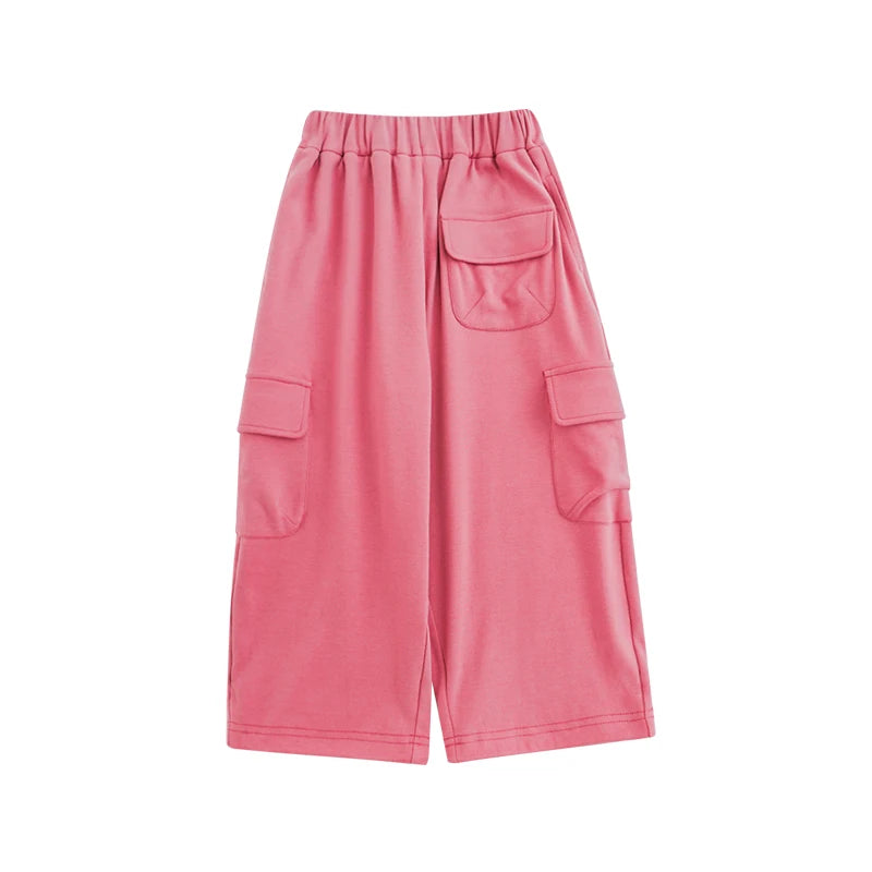 Pantaloni Sportivi Bambina in Cotone – Pantaloni Larghi con Tasche, Stile Cargo, Colori Beige, Rosa e Rosso