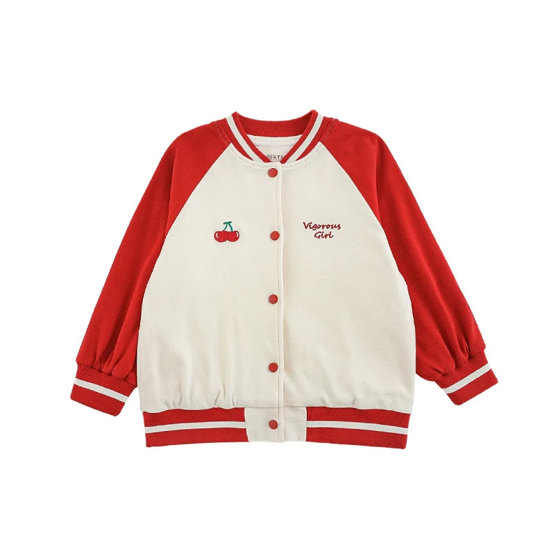 Giacca Varsity Bambina con Ricamo Lettere e Ciliegie – Stile Baseball, Colori Rosso e Rosa