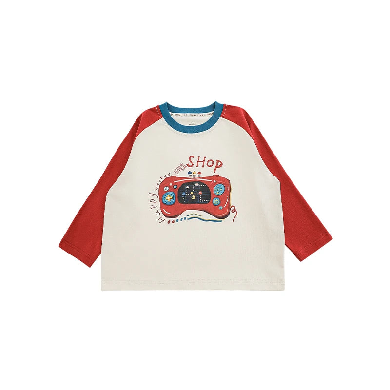 Maglia Bambino in Cotone – Manica Lunga, Colori a Contrasto, Stampa Cartoni Animati, Giallo, Rosso, Azzurro