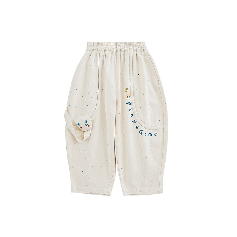 Pantaloni Bambino Larghi in Cotone – Vita Elasticizzata, Beige e Blu, Comodi e Resistenti