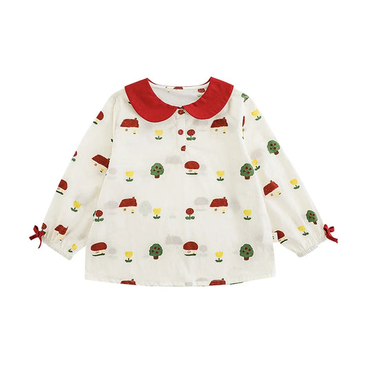 Blusa Beige Bambina con Colletto Peter Pan Rosso – Serie Cartoni Animati, Elegante e Dolce