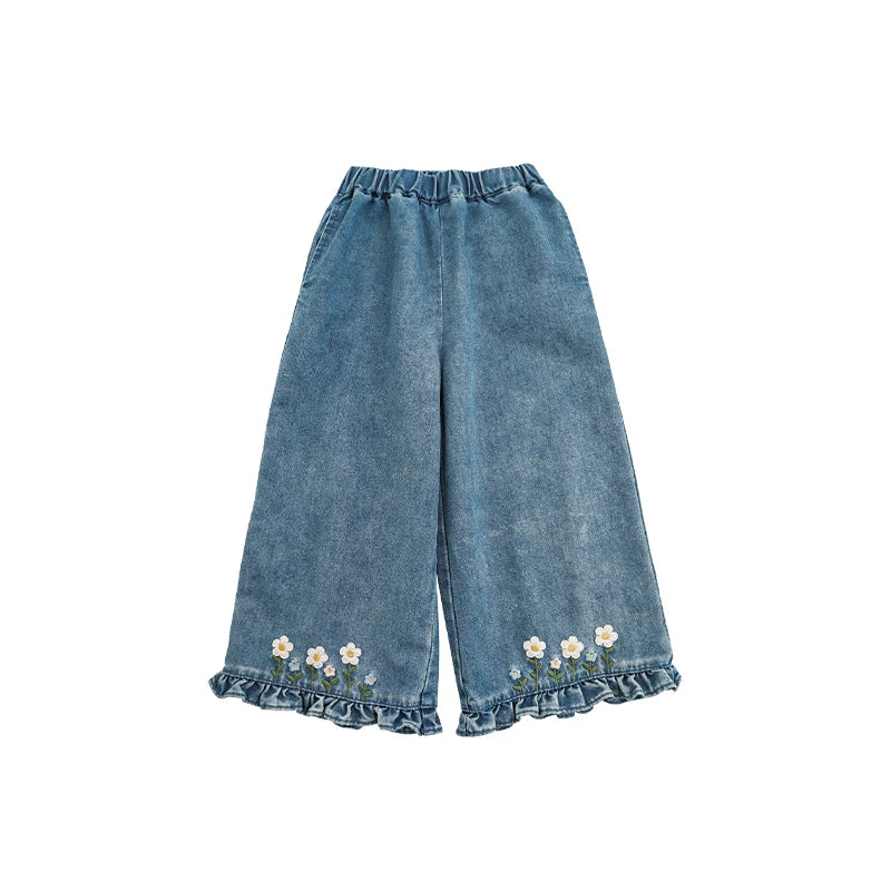 Jeans Bambina con Ricamo Floreale e Volant – Pantaloni Dritti in Denim, Colore Blu