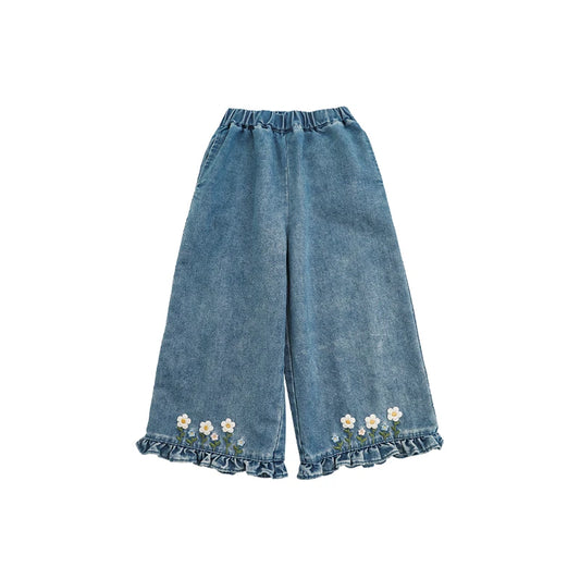 Jeans Bambina con Ricamo Floreale e Volant – Pantaloni Dritti in Denim, Colore Blu