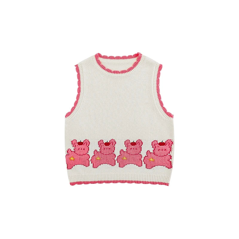 Gilet Senza Maniche Bambina con Stampa Animale Ripetuta – Maglia in Cotone, Colori Beige, Rosa, Azzurro e Giallo