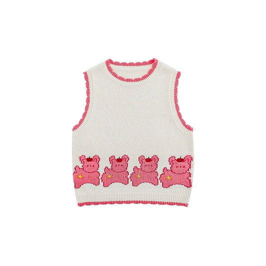 Gilet Senza Maniche Bambina con Stampa Animale Ripetuta – Maglia in Cotone, Colori Beige, Rosa, Azzurro e Giallo