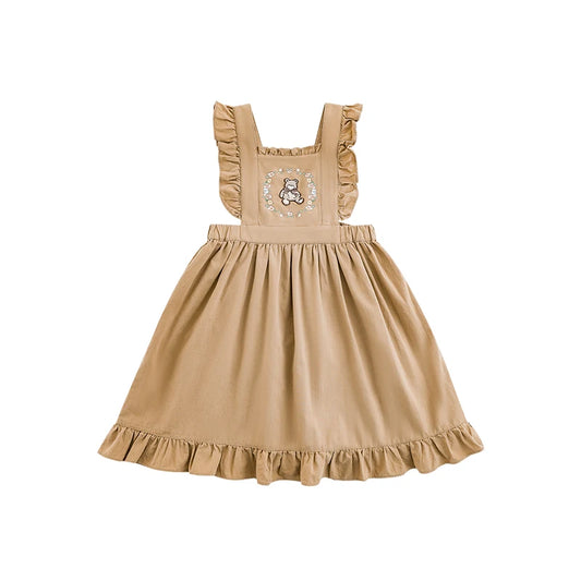 Abito Bambina in Cotone Stile Pastorale – Marrone, Gonna Ampia, Elegante e Comodo