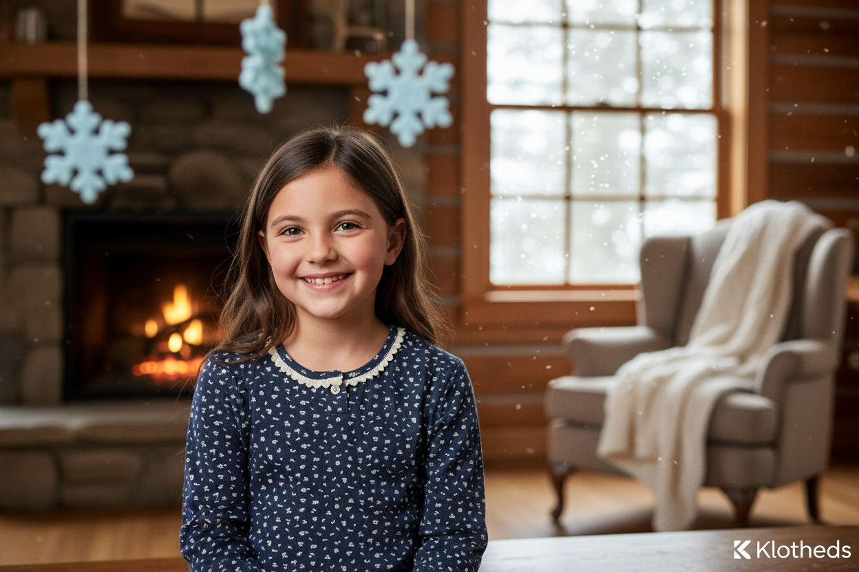 Bambina con maglia blu fiocchi neve